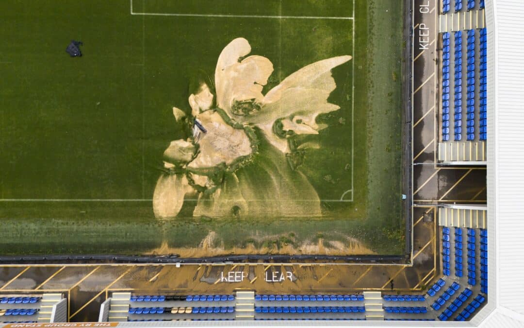 Der Platz im Stadion des AFC Wimbledon ist nach der Überschwemmung stark beschädigt.