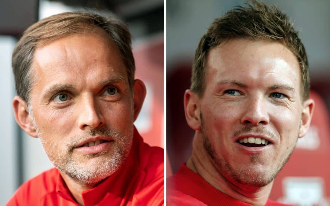 Thomas Tuchel (l.) und Julian Nagelsmann bevorzugen beide derzeit einen Nationaltrainer-Posten.