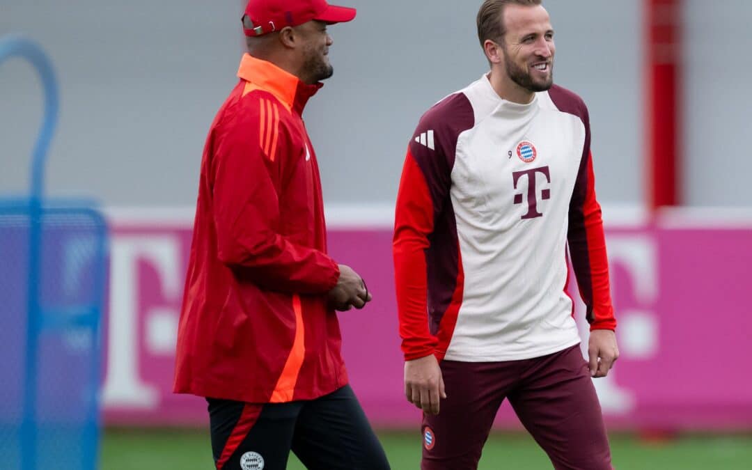 Gut gelaunt beim Training: Trainer Vincent Kompany (l) und Torjäger Harry Kane.