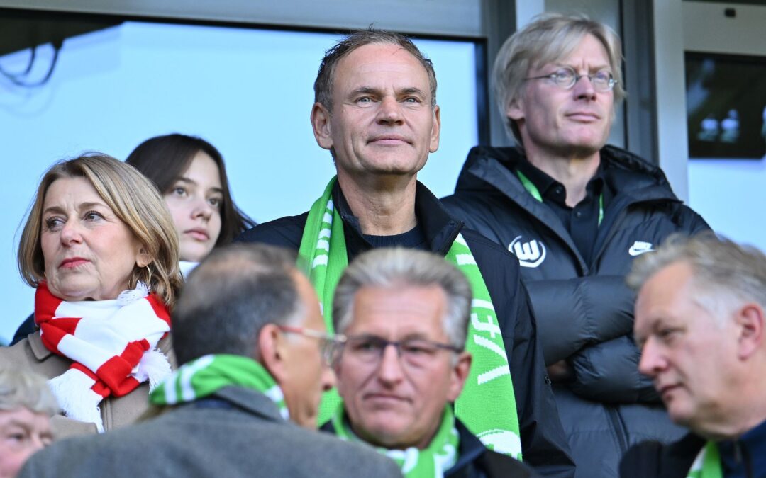 Oliver Blume (M), Vorstandsvorsitzender der Volkswagen AG, steht bei einem Spiel des VfL Wolfsburg auf der Tribüne. (Archivbild)